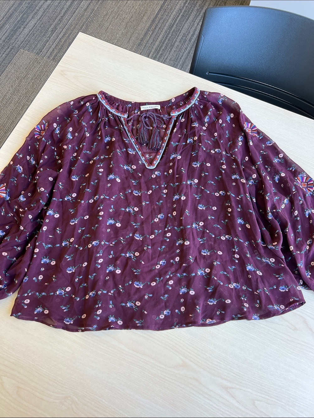 ULLA JOHNSON lida blouse long sleeve flowy top floral print 100% silk chiffon 6